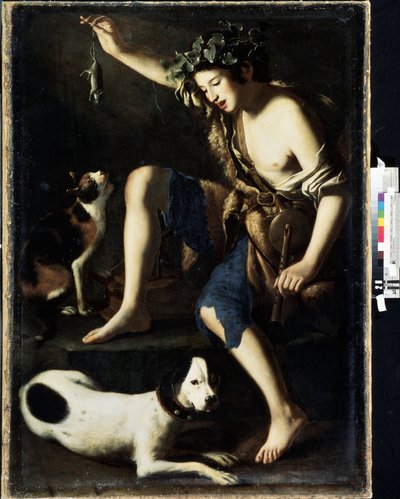 Młody pasterz bawi się z kotem (Młody pasterz bawi się z kotem). Obraz Tommaso Salini (ok. 1575-1625). Olej na drewnie autorstwa Tommaso Salini