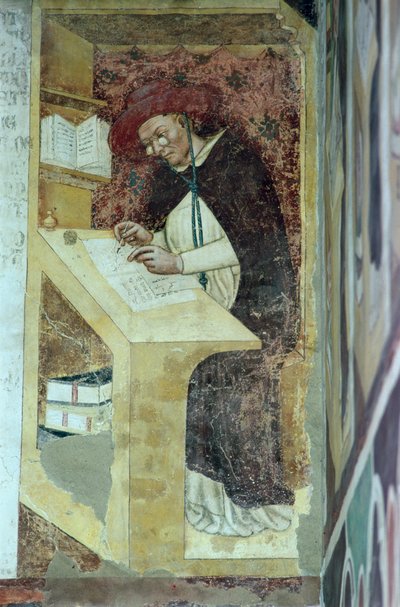 Hugues de Provence przy swoim biurku, z cyklu „Czterdziestu wybitnych członków Zakonu Dominikanów” w Kapitule 1342 autorstwa Tommaso da Modena