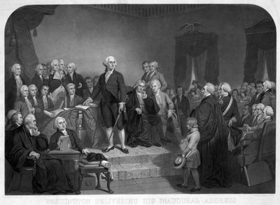 Waszyngton wygłaszający przemówienie inauguracyjne w kwietniu 1789 r., publikacja ok. 1850 r. autorstwa Tompkins Harrison Matteson