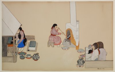 Women Weaving and Supervising Kiln, początek XX wieku (kazeina na papierze) autorstwa Tonita Peña
