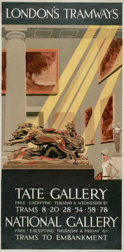 „Tate Gallery, National Gallery”, plakat London County Council LCC Tramways, 1927 autorstwa Tony Castle