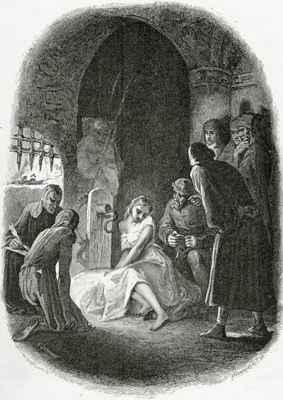 Przesłuchanie Esmeraldy - ilustracja z Notre Dame de Paris, XIX w. (rycina bw) autorstwa Tony Johannot