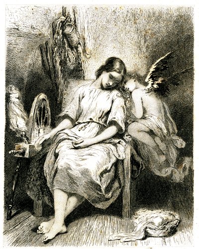 Młoda kobieta (prządka) śpiąca przy kole - angelot pochyla się nad jej ramieniem - sen - marzenie - zaduma - miłość - rycina (akwaforta 1845) Tony