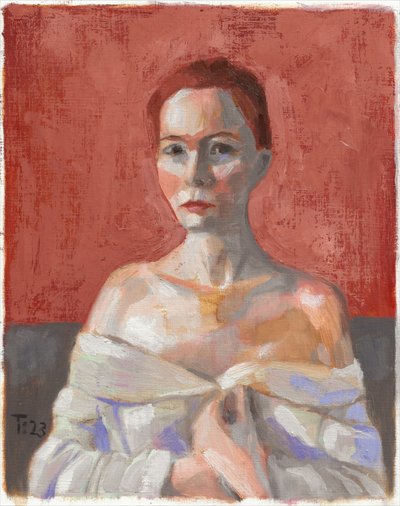 Wyrazisty czerwony portret autorstwa Tore Bahnson