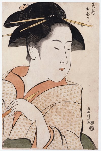 Portret popiersia Ohisy z Takashimaya trzymającego fajkę do tytoniu autorstwa Torii Kiyomasa