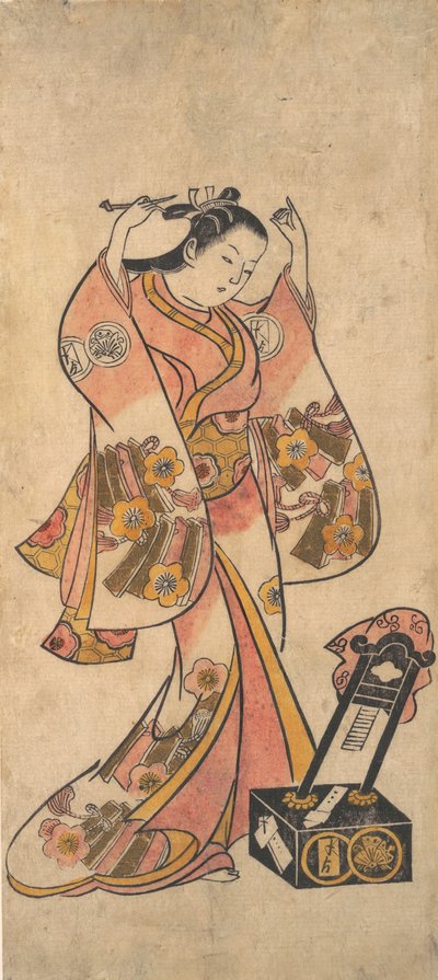 Sanjo Kantaro jako kobieta układająca włosy przed lustrem lakieru, przed 1763 r. autorstwa Torii Kiyomasu II.