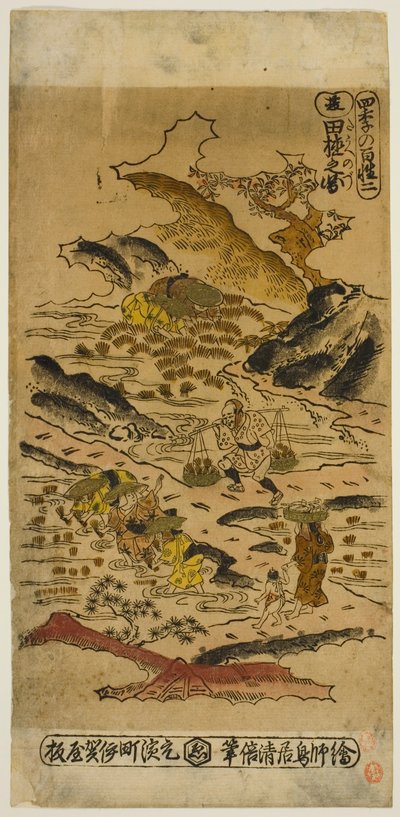 Lato: sadzenie ryżu (Natsu: taue no zu), nr 2 z serii „Cztery pory roku rolników (Shiki no hyakusho)” autorstwa Torii Kiyomasu II