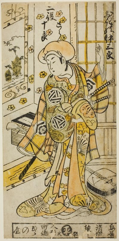 Aktor Ogino Isaburo I w dwóch rolach, Tora i Soga no Juro, w sztuce „Juhakko Imayo Soga”, wystawionej w Teatrze Nakamura w pierwszym miesiącu 1734 autorstwa Torii Kiyomasu II