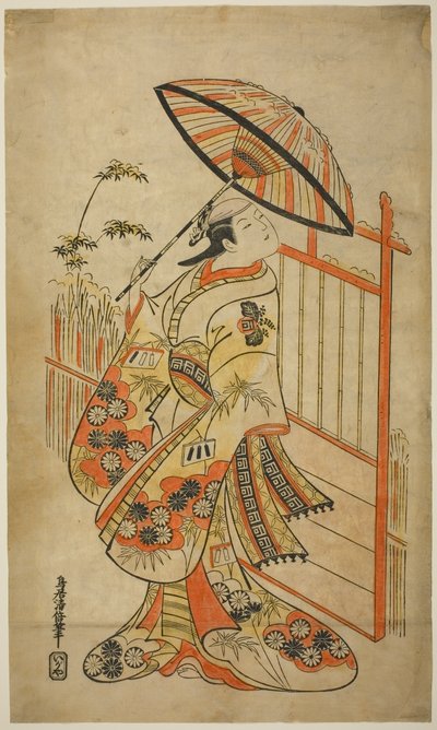 Aktor Sanogawa Mangiku I jako Sanada, córka przędzarki Itoya, w sztuce „Hiragana Yomeiri Izu Nikki”, wystawiona w Teatrze Nakamura w jedenastym miesiącu 1718 autorstwa Torii Kiyomasu II