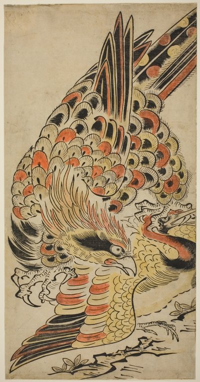 Jastrząb łapiący żuraw w locie, ok. 1715 (ręcznie kolorowany drzeworyt) autorstwa Torii Kiyomasu I