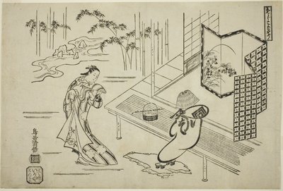 Aktorzy Nakamura Takesaburo I jako Kewaizaka no Shosho i Ichikawa Danjuro II jako Soga no Goro w strojach komuso w sztuce "Bando Ichi Kotobuki Soga", wystawionej w teatrze Nakamura w pierwszym miesiącu roku autorstwa Torii Kiyomasu I