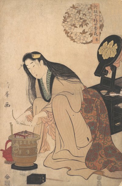 Pani układa wspornik Binsashi dla włosów nad świątyniami, aby włożyć jej włosy, ok..., ok. 1808. autorstwa Torii Kiyomine