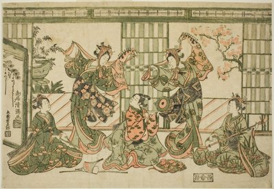 Artyści wykonujący taniec hobby-horse autorstwa Torii Kiyomitsu I