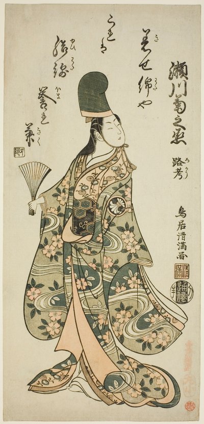 Aktor Segawa Kikunojo II jako Shirabyoshi Renri w sztuce "Imayo Dojoji" wystawionej w teatrze Ichimura w jedenastym miesiącu 1756 r. autorstwa Torii Kiyomitsu I