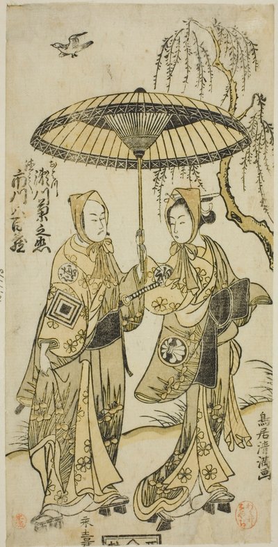 Aktorzy Segawa Kikunojo II jako Ohatsu i Ichikawa Yaozo II jako jej kochanek Tokubei w sztuce "Yoni Osaka Nitsui no Meoto" wystawionej w teatrze Ichimura w drugim miesiącu 1767 r. autorstwa Torii Kiyomitsu I