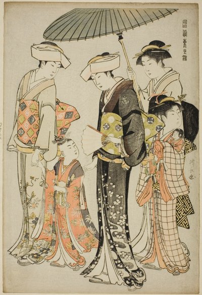 Dziewczyna i cztery sługi z serii „Brokada wschodnich manier (Fuzoku Azuma no nishiki)” autorstwa Torii Kiyonaga