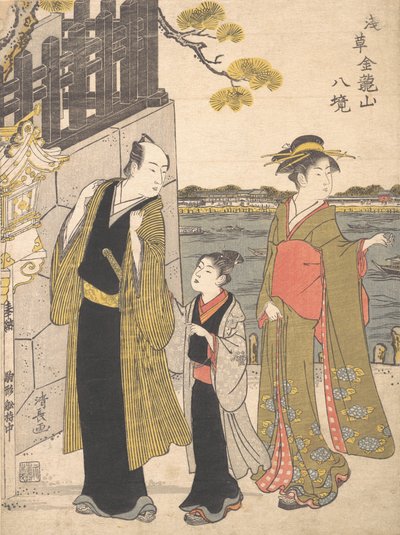 Mężczyzna z chłopcem i gejszą zwiedzający świątynię Kinryusan, ca. 1787. autorstwa Torii Kiyonaga