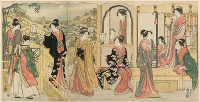 Nowoczesna wersja Ushiwakamaru Serenading Princess Joruri autorstwa Torii Kiyonaga