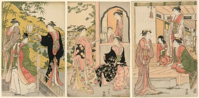 Nowoczesna wersja Ushiwakamaru Serenading Princess Joruri autorstwa Torii Kiyonaga