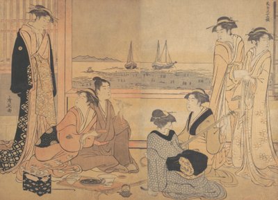 Impreza Wesołych w herbaciarni w Shinagawa, ok. godz. 1783. autorstwa Torii Kiyonaga