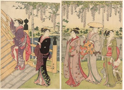 Podziwianie glicynii w Sanktuarium Kameido autorstwa Torii Kiyonaga