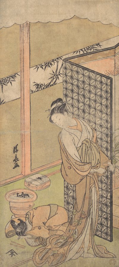 Oiran w nocnym stroju, zatrzymując się, z jedną ręką na ekranie, który otacza jej łóżko,..., ca. 1770. autorstwa Torii Kiyonaga