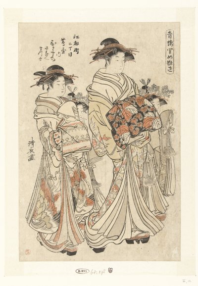 Courtisane Hitomachi uit het Tsutaya huis met haar kamuro Sanae en Matsuyo Edocho nichome Tsutaya uchi Hitomachi Sanae Matsuyo (tytuł na obiekcie) Belangrijke personen uit de lusthuizen (tytuł serii) Seiro Satomenuki (tytuł na obiekcie) autorstwa Torii Kiyonaga