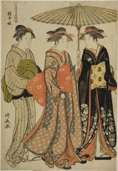 Entertainers of Tachibana (Kitchugi), z serii „Kolekcja współczesnych piękności z dzielnic przyjemności (Tosei yuri bijin awase)” autorstwa Torii Kiyonaga