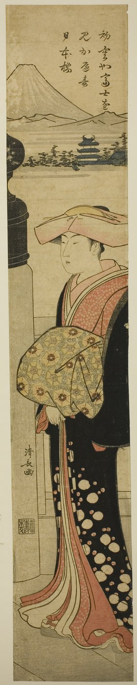 Elegancko ubrana kobieta przechodząca przez most Nihonbashi autorstwa Torii Kiyonaga