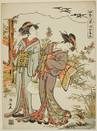 Gęsi zstępujące w połowie jesieni (Seishu no rakugan), z serii „Osiem scen z czterech pór roku (Shiki hakkei)” autorstwa Torii Kiyonaga