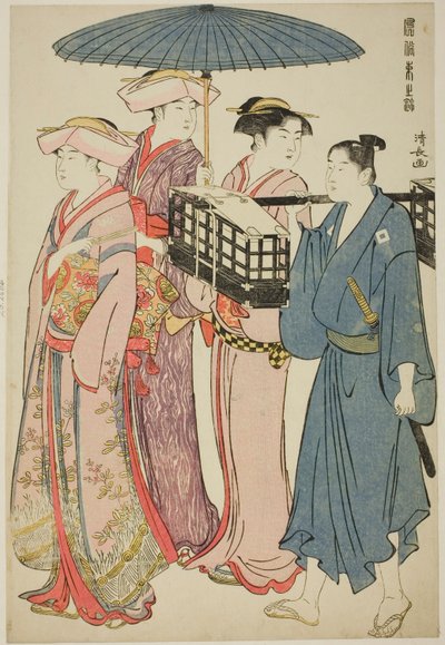 Idąc na piknik, z cyklu "Brokat wschodnich obyczajów (Fuzoku Azuma no nishiki)" autorstwa Torii Kiyonaga