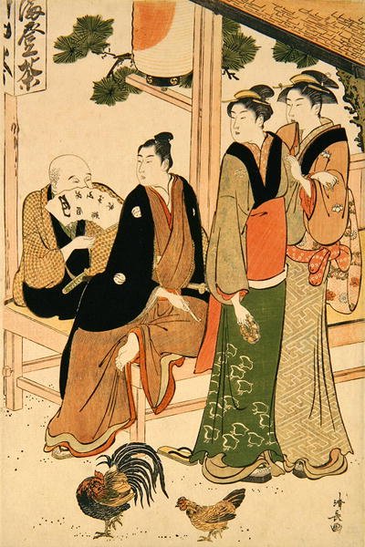 Patrzenie na siebie na spotkanie (kolorowy drzeworyt) autorstwa Torii Kiyonaga