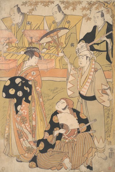Onoe Matsusuke Ja jako Oiran stoi po lewej, rozmawiając z Nakamurą Nakazo Ja jako Sam..., ok. godz. 1788. autorstwa Torii Kiyonaga