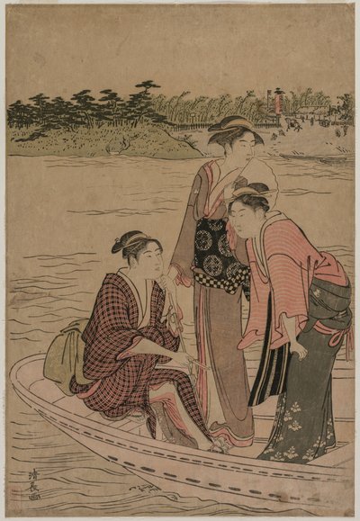 Pasażerowie promu na rzece Sumida autorstwa Torii Kiyonaga