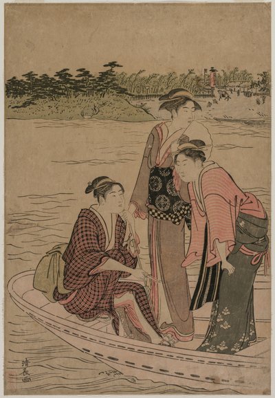 Pasażerowie promu na rzece Sumida, 1784. autorstwa Torii Kiyonaga