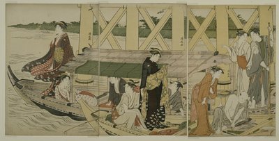 Łodzie wycieczkowe pod mostem Azuma, ok. 1784 r autorstwa Torii Kiyonaga