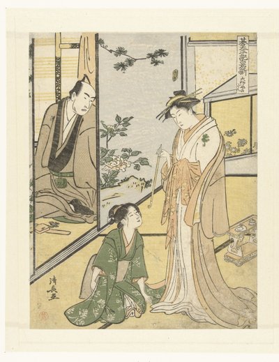 Scena w het Daifukuya huis Daifukuya no dan (tytuł na obiekcie) Het toneelstuk Shiraishibanashi (tytuł serii) Gotaiheiki Shiraishibanashi (tytuł serii na obiekcie) autorstwa Torii Kiyonaga