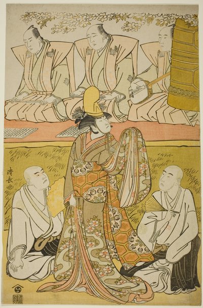 Aktor Nakamura Nakazo I jako Shirabyoshi Katsuragi, Matsumoto Koshiro IV jako mnich Meigetsubo i Otani Hiroji III jako mnich Izayoibo w sztuce „Edoganoko Musume Dojoji” wystawionej w Teatrze Ichimura w ósmym miesiącu 1783 autorstwa Torii Kiyonaga