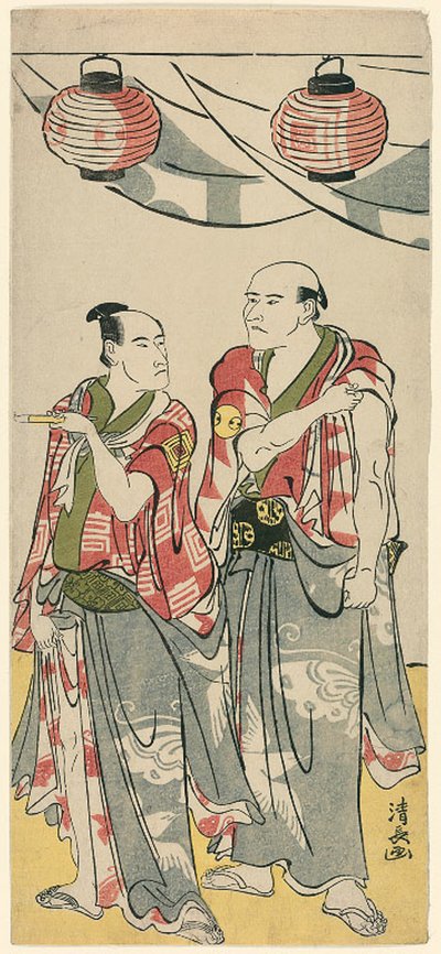 Aktorzy Arashi Ryuzo II i Ichikawa Komazo III, z pentaptyku jedenastu aktorów świętujących święto sanktuarium braci Soga autorstwa Torii Kiyonaga