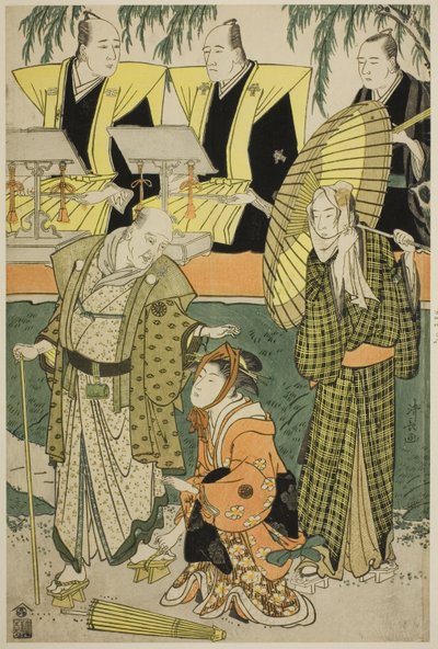 Aktorzy Bando Matakuro IV jako Chubei, Osagawa Tsuneyo II jako Umegawa i Nakamura Katsugoro jako Magoemon w sztuce „Keisei Koibikyaku” autorstwa Torii Kiyonaga