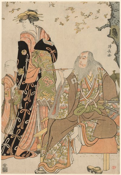Aktorzy Ichikawa Danjuro V jako Hige no Ikyu, Nakamura Riko jako Agemaki i Ichikawa Ebizo jako pomocnik Agemakiego w sztuce "Sukeroku Yukari no Edozakura" w teatrze Nakamura w trzecim miesiącu 1784 r. autorstwa Torii Kiyonaga