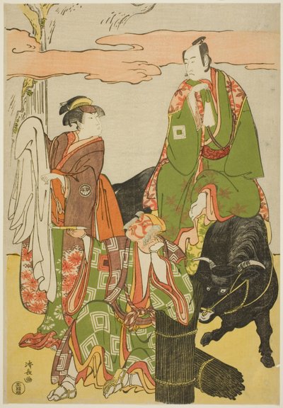Aktorzy Ichikawa Monnosuke II jako Miyukinosuke, Segawa Kikunojo III jako Hatsune-hime i Ichikawa Danjuro V jako Ninnaji no Saibei, w joruri „Shitenno Oe no Yamairi”, wykonanym w Kiri Theatre w jedenastym miesiącu 1785 autorstwa Torii Kiyonaga