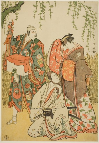 Aktorzy Ichikawa Yaozo III jako Shiragiku, Ichikawa Danjuro V jako lalkarz Dekurokubei i Sawamura Sojuro III jako Soga no Juro, w joruri „Shinobukoi Yanagi no Katsura Otoko”, wykonanym w Teatrze Nakamura w pierwszym miesiącu 1785 autorstwa Torii Kiyonaga