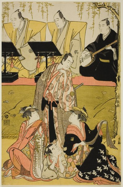 Aktorzy Sawamura Sojuro III jako Soga no Juro, Osagawa Tsuneyo II jako Oiso no Tora, Azuma Tozo III jako Miura Katagai i Otani Tokuji I jako Danzaburo w joruri „Chidorigake Koi no Tamaboko” wystąpili w Teatrze Ichimura w pierwszym Miesiąc, 1784 autorstwa Torii Kiyonaga