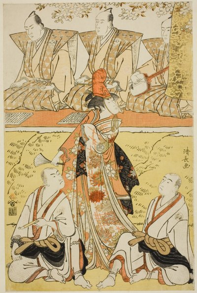 Aktorzy Segawa Kikunojo III jako Koito, Sawamura Sojuro III jako mnich Sainenbo i Ichikawa Monnosuke II jako mnich Renseibo, w shosa „Mata Saku Hana Museume Dojoji” wystąpili w Teatrze Nakamura w czwartym miesiącu 1783 r. autorstwa Torii Kiyonaga
