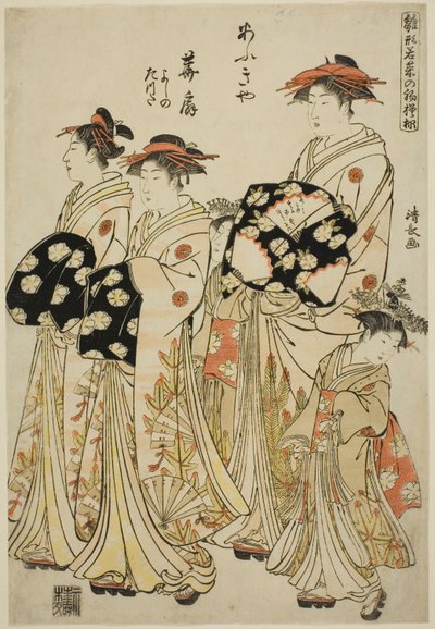 Kurtyzana Hanaogi z Ogiya ze swoimi asystentami Yoshino i Tatsutą, z serii „Modele dla mody: nowe wzory świeże jak młode liście (Hinagata wakana no hatsu moyo)” autorstwa Torii Kiyonaga
