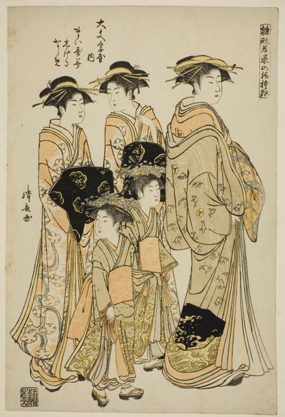Kurtyzana Maizumi z Daimonjiya ze swoimi opiekunami Shigeki i Naname, z serii „Modele dla mody: nowe wzory świeże jak młode liście (Hinagata wakana no hatsu moyo)” autorstwa Torii Kiyonaga