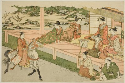 Pierwsza przejażdżka konna Nowego Roku (Uma norizome), z ilustrowanej książki „Kolory potrójnego świtu (Saishiki mitsu no asa)” autorstwa Torii Kiyonaga
