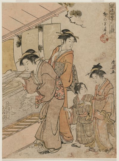 Czwarty miesiąc z cyklu Modne comiesięczne wizyty w świątyniach w cztery pory roku, 1784. autorstwa Torii Kiyonaga