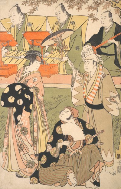 Scena teatralna z muzykami. autorstwa Torii Kiyonaga